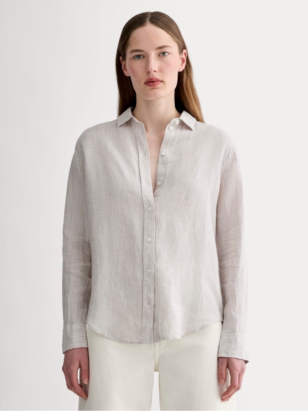 Everlane The Must Have Shirt 100% Linen Button Down Shirt, Striped Stone & White